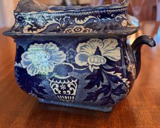 Antique English Staffordshire Blue & White Transferware Sugar Jar. Missing Lid. Measures 7" x 5" x 4.5" H. Photo 1 of 4.