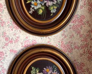 Floral Painting in Oval Frame - 2 Available. Each Measures 14" W x 15" H.