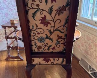 Queen Anne Style Chair Upholstered in Crewel Fabric. Measures 28" W x 28" D with 19" Seat Height. Photo 6 of 6.