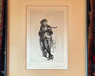 "The Mandolin Player," Etching Signed by James J. Calahan (1841 - 1910). Photo 1 of 2.