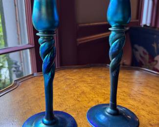 Frederick Carder Steuben Blue Aurene Iridescent Candle Sticks. Each Measures 8" H. Repaired. Photo 1 of 3.