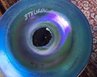 Frederick Carder Steuben Blue Aurene Iridescent Candle Sticks. Each Measures 8" H. Repaired. Photo 3 of 3.