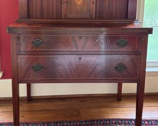 Flame Mahogany Flip Front Secretary with Articulated Doors and Satinwood Inlay. Measures 36" W x 18" D x 44" H. Photo 1 of 7.