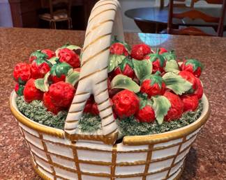 Italian Ceramic Strawberry Basket Lidded Jar. Measures 8" W x 8" H. Photo 1 of 4.