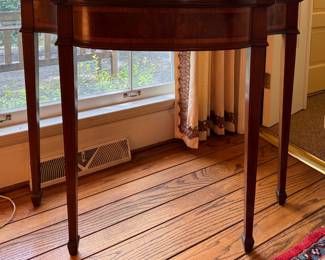 Mahogany Demilune with Satinwood Inlay. Needs Refinishing. Measures 42" x 14" D x 32" H. Photo 1 of 3.