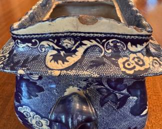 Antique English Staffordshire Blue & White Transferware Sugar Jar. Missing Lid. Measures 7" x 5" x 4.5" H. Photo 2 of 4.