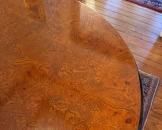 Art Deco Style Burl Wood Entry Table Likely Ash or Walnut. Measures 48" D x 29" H with 28" Clearance. Photo 4 of 4.