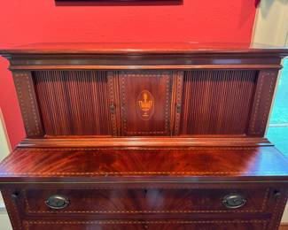 Flame Mahogany Flip Front Secretary with Articulated Doors and Satinwood Inlay. Measures 36" W x 18" D x 44" H. Photo 2 of 7.