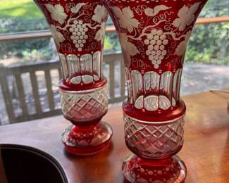 Pair of Cranberry Glass Vases. Each Measures 12" H with 6" D Opening.