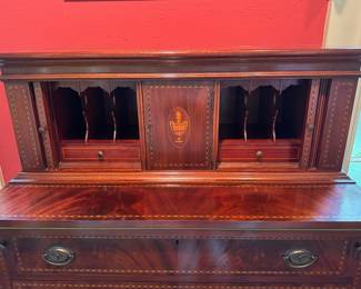 Flame Mahogany Flip Front Secretary with Articulated Doors and Satinwood Inlay. Measures 36" W x 18" D x 44" H. Photo 3 of 7.