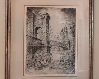 "John A. Roebling Suspension Bridge," Editing Signed by Artist Caroline Williams (1908 - 1988).