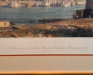 "Cincinnati: A Panorama View of the Queen City From Covington Riverfront in 1866." Signed & Numbered by John Stobart. Measures 44" W x 34" H Overall. Photo 2 of 3.