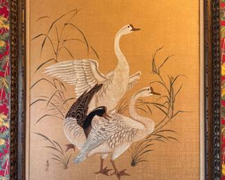 Japanese Silk Waterfowl Painting. Measures 37" W x 47" H Overall. Photo 1 of 2.