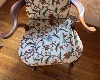 Queen Anne Style Chair Upholstered in Crewel Fabric. Measures 28" W x 28" D with 19" Seat Height. Photo 3 of 6.