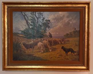 Untiled Landscape with Flock and Shepherd. Signed by Artist, Ch Regnier (1811-1862). Measures 25" x 28" within Frame; 32" W x 25" H Overall. Photo 1 of 2.
