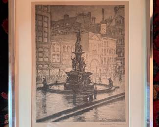 "Fountain Square: Night" Etching Signed by Artist Edward Timothy Hurley (1896-1948). Photo 1 of 2.
