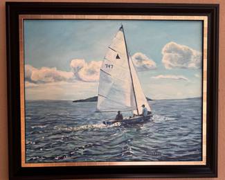 Sailboat Painting, "Bower's Harbor," Michigan, Signed by Artist Cathy Anderson.