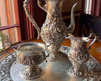 S. Kirk & Sons Repoussé Sterling Silver Coffee, Cream & Sugar Set with Underplate. Photo 1 of 2.
