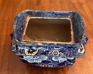 Antique English Staffordshire Blue & White Transferware Sugar Jar. Missing Lid. Measures 7" x 5" x 4.5" H. Photo 3 of 4.