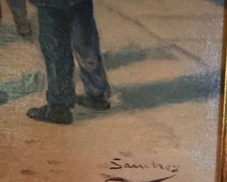 Continental School Oil on Canvas, Market Scene, Signed Sanchez. Measures 22" x 19" Overall. Photo 2 of 2.