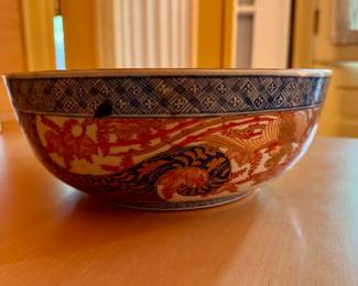 Japanese Imari Bowl. Stamped "Wealth, Nobility & Enduring Youth." Measures 11" D x 4" H. Photo 1 of 3.