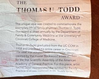 Rookwood Pottery Commemorative Custom Vase for Dr. Thomas U. Todd. Measures 11" H. Photo 3 of 4.