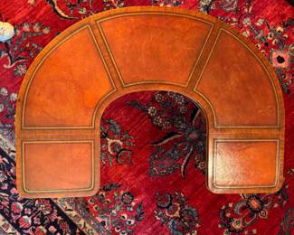 Horseshoe Shaped Tooled Leather Drop-Leaf Coffee Table. Measures 48" W x 22" D as Pictured; Has 2 11" Drop Leaves. Photo 4 of 8.