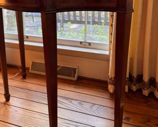 Mahogany Demilune with Satinwood Inlay. Needs Refinishing. Measures 42" x 14" D x 32" H. Photo 3 of 3.