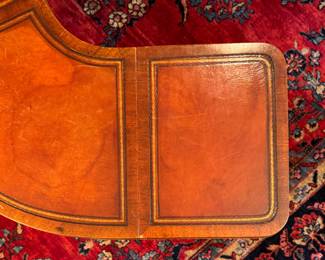 Horseshoe Shaped Tooled Leather Drop-Leaf Coffee Table. Measures 48" W x 22" D as Pictured; Has 2 11" Drop Leaves. Photo 5 of 8.