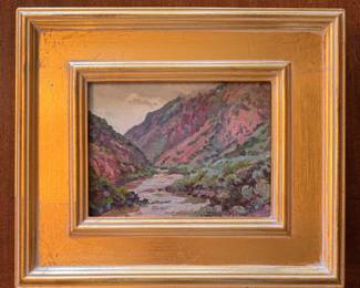 "Rio Grande, Cloudy Day" Malcolm Hughes Oil on Board. Measures 8" x 5"; 14" x 12" Overall. Photo 1 of 2.