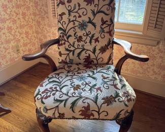 Queen Anne Style Chair Upholstered in Crewel Fabric. Measures 28" W x 28" D with 19" Seat Height. Photo 1 of 6.