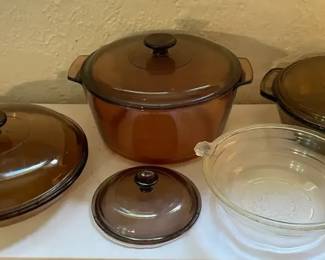 Vintage Corning Vision Anchor Hocking BrownAmber Glass PotsPan Glassbake Brand Casserole Dish