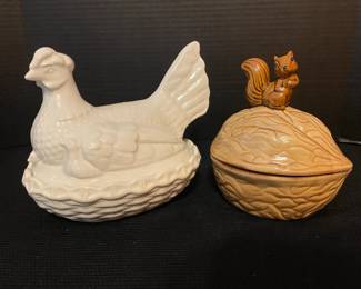 04 Vintage Ceramic Hen on a Nest Ceramic Squirrel on a Nut Lidded Dishes