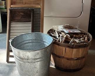 Vintage Washboards, Basket of Clothespins, Bucket