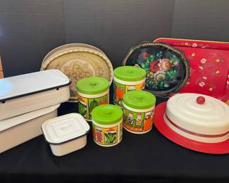 Vintage Kitchenwares Nesting Canisters, Metal Covered Cake Plate, Metal Storage Bins, More
