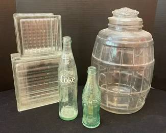 Large Vintage Glass Pickle Jar, Two Vintage Glass Blocks, Two Green Glass Coke Bottles