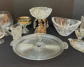 Vintage Brass Crystal Pedestal Ashtray, Thick Crystal Bowl, Other Clear Glassware