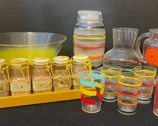Vintage Colorful Glassware, Pitchers, Spice Rack