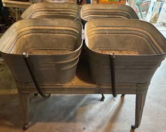 02 2 Sets of Vintage Double Galvanized Wash Tubs On A Rolling Stand With Drain Hoses