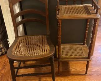 Wood Chair with Cane and Two Tier Side Table