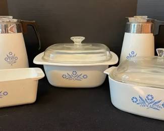 Vintage Blue Cornflower Corning Ware Two Percolators, Dutch Oven, Casserole Dish, Bread Pan