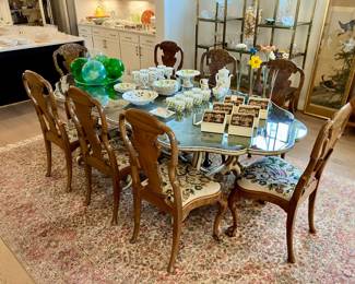Set of 12 burled walnut dining chairs with needlepoint cushions