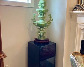 Monumental carved jade incense burner on granite stand