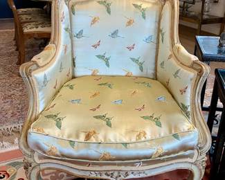 Pair of French bergere chairs with silk butterfly upholstery