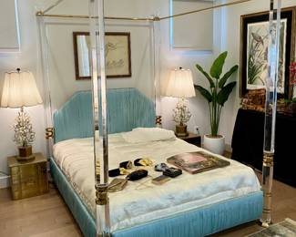 1980s lucite and brass four-poster queen bed with custom gathered turquoise silk frame