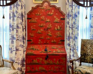 Red chinoiserie bureau