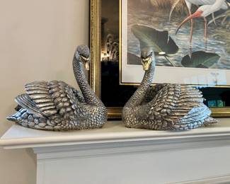 Pair of Scully & Scully sterling swans with gold plated beaks