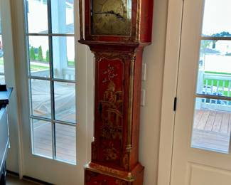 Antique red lacquered chinoiserie tall case clock - tested and working