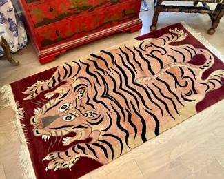 Vintage Tibetan tiger wool rug 3’x6’