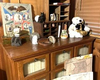 Large 9 Drawer Antique Oak Seed Cabinet, sampling of Old Maps, Brass Items & Political Memorabilia.